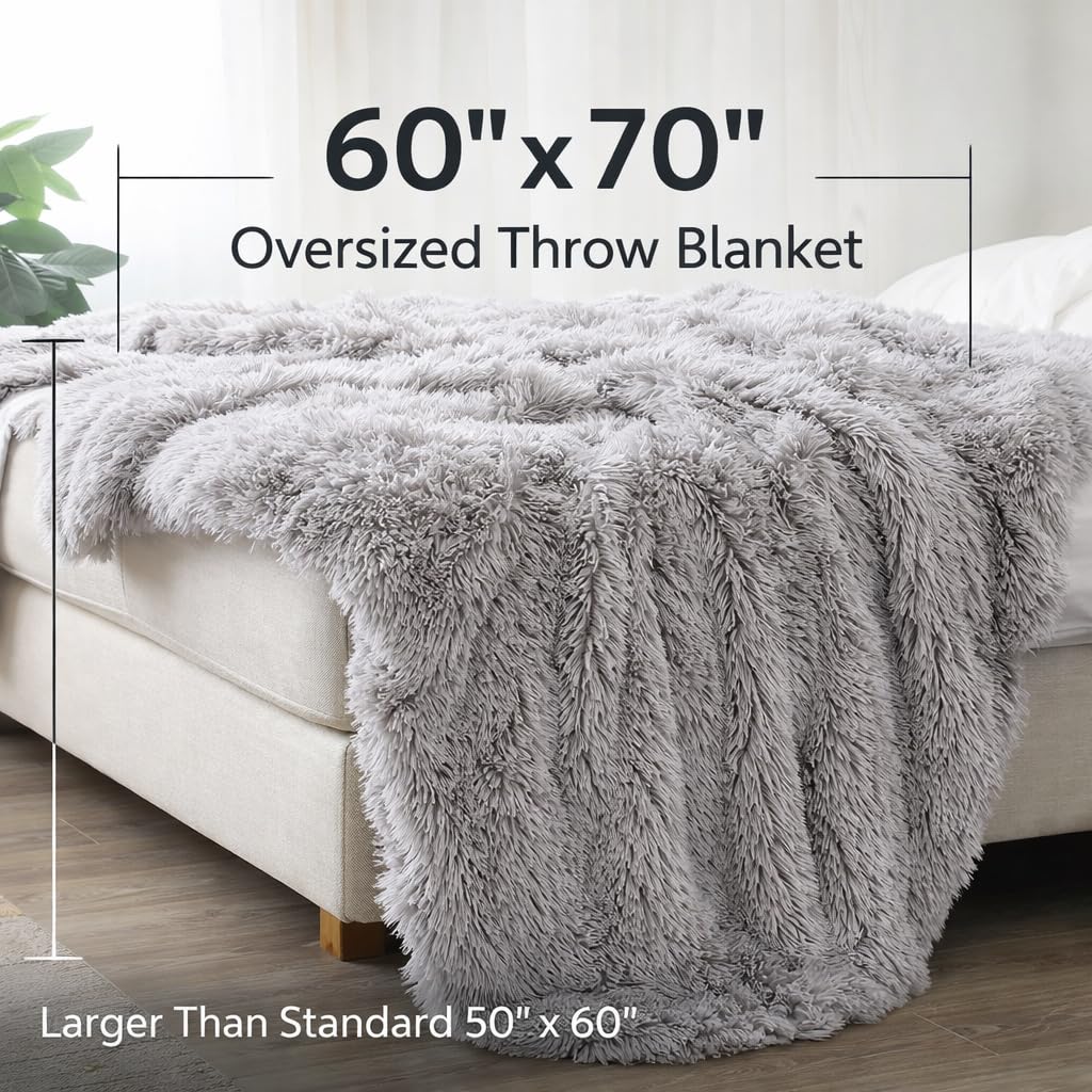 Shaggy Faux Fur Throw Blanket 60" x 70" – Ultra Soft Fluffy Plush Blanket, Double-Sided Cozy Micromink, Lightweight Warm Blanket for Couch, Bed, Sofa, Machine Washable (Grey)
