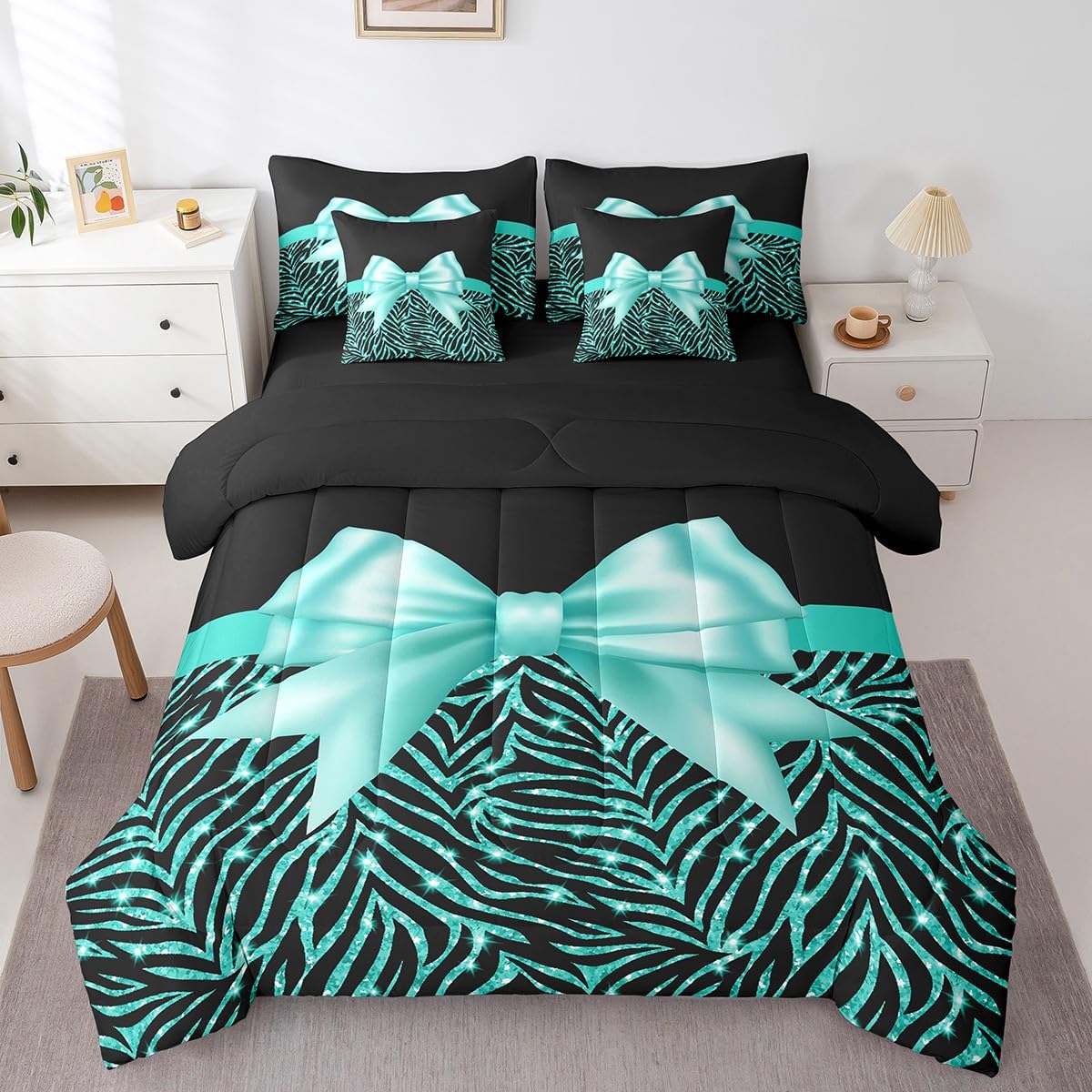 Feelyou Teal Bowknot 7 Piece Bedding Set Queen Size Glitter Print Comforter Set with Sheets for Kids Girls Adult Cute Bowknot Bed in a Bag Black Silver Bed Set