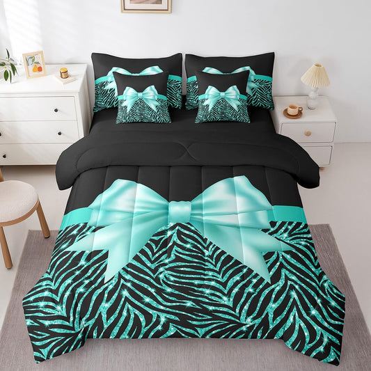 Feelyou Teal Bowknot 7 Piece Bedding Set Queen Size Glitter Print Comforter Set with Sheets for Kids Girls Adult Cute Bowknot Bed in a Bag Black Silver Bed Set