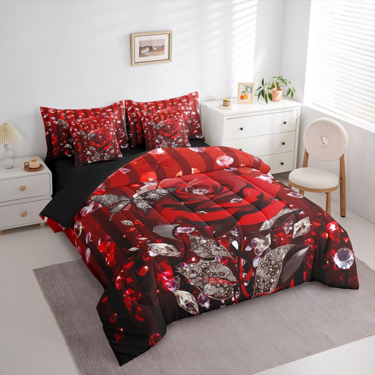 Erosebridal Red Rose Romantic Queen Comforter Set with Sheets 7 Piece Valentine Day Gift Bed in A Bag Rose Floral Flower Bedding Sets for Women Men Adults,Glitter Diamond Butterflies Bed Set