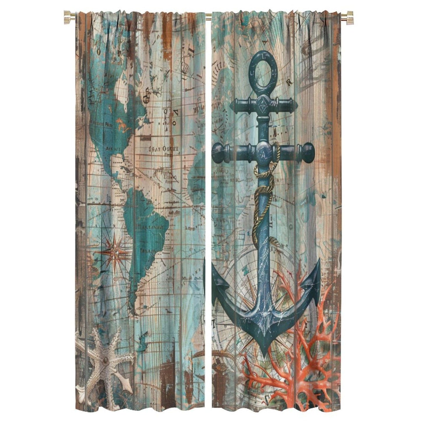 TOWINSFB Blue Nautical Map Anchor Blackout Curtains for Bedroom Living Room, Retro Plank Starfish Marine Life Coral Thermal Insulated Room Darkening Curtain- 2 Panels, Each 63" L x 21" W