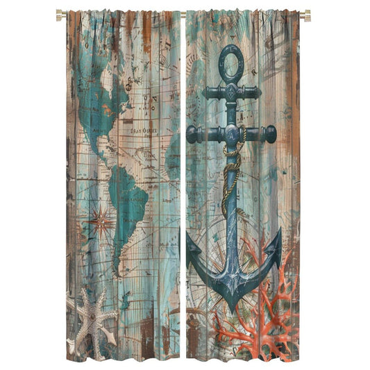 TOWINSFB Blue Nautical Map Anchor Blackout Curtains for Bedroom Living Room, Retro Plank Starfish Marine Life Coral Thermal Insulated Room Darkening Curtain- 2 Panels, Each 63" L x 21" W