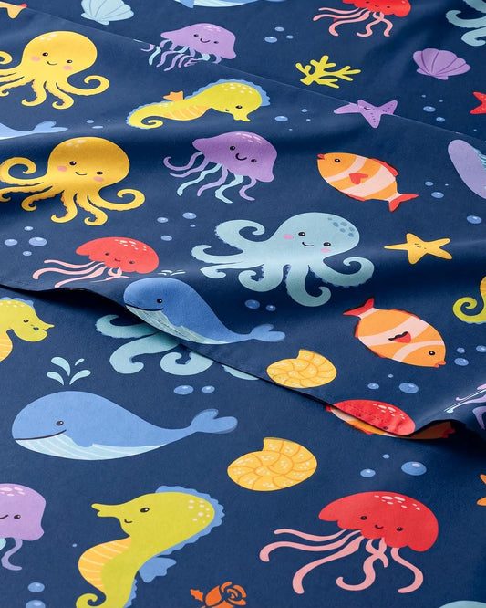 CGK Unlimited Kids Sea Creatures Twin 3 Piece Sheet Set - Boys, Girls, Teens, Toddler - Easy Fit Deep Pockets - Soft, Cooling & Breathable Sheets - Cute, Cozy, Fade & Wrinkle Free - Machine Washable