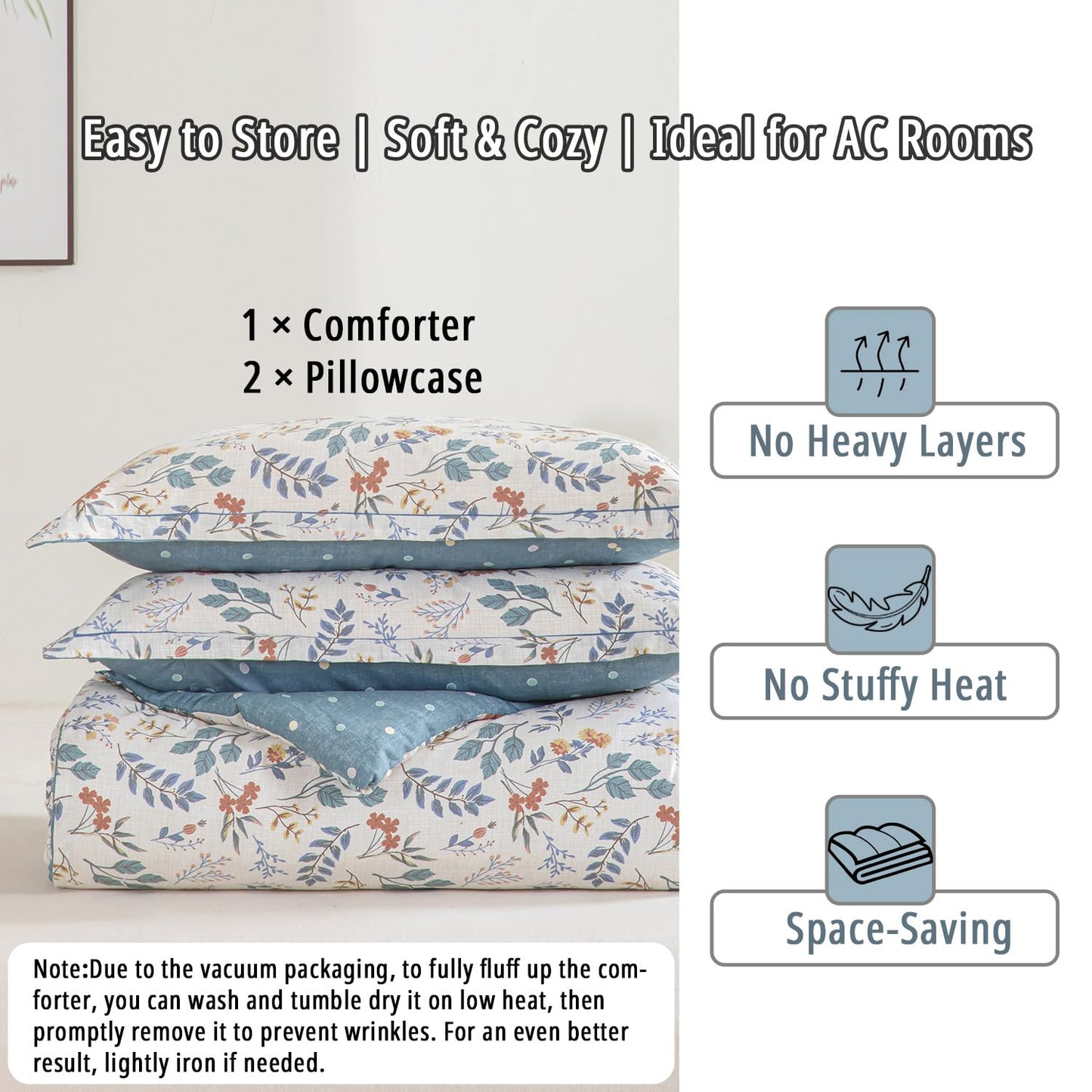 LEMIROE Botanical Cotton Comforter Queen Size - Lake Green Comforter with Dusky Blue & Warm Rust Leaves on Ivory,Reversible Lightweight Bedding Sets 3Pcs(Polka Dot)