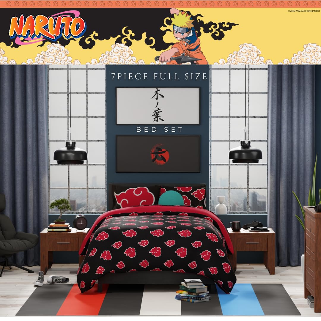 Collectibles Naruto Anime Akatsuki Bedding 7 Piece Super Soft Reversible Comforter and Sheet Set with Sham, Full, (Officially Licensed Product) By Franco