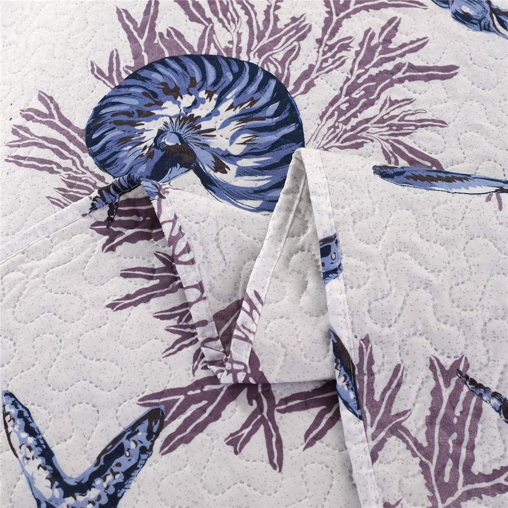 King Size Beach Quilt Set - Lightweight Reversible Quilt, Bedspread & Coverlet - Coastal Ocean Bedding - Starfish & Conch Shell Home Decor - Blue