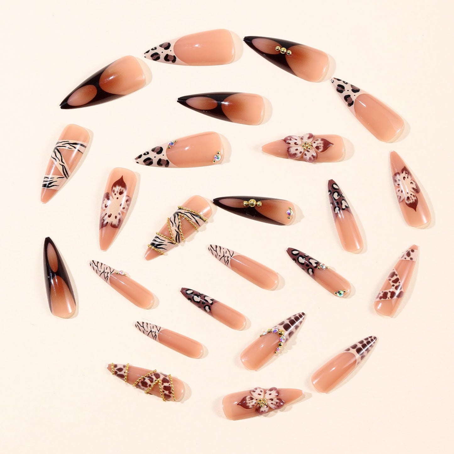 Long Press on Nails Almond Fake Nails Brown Acrylic Nail Press ons SEENEEY 3D Flowers and Gold Charm Designs Leopard Stick on Nail for Women 24pcs