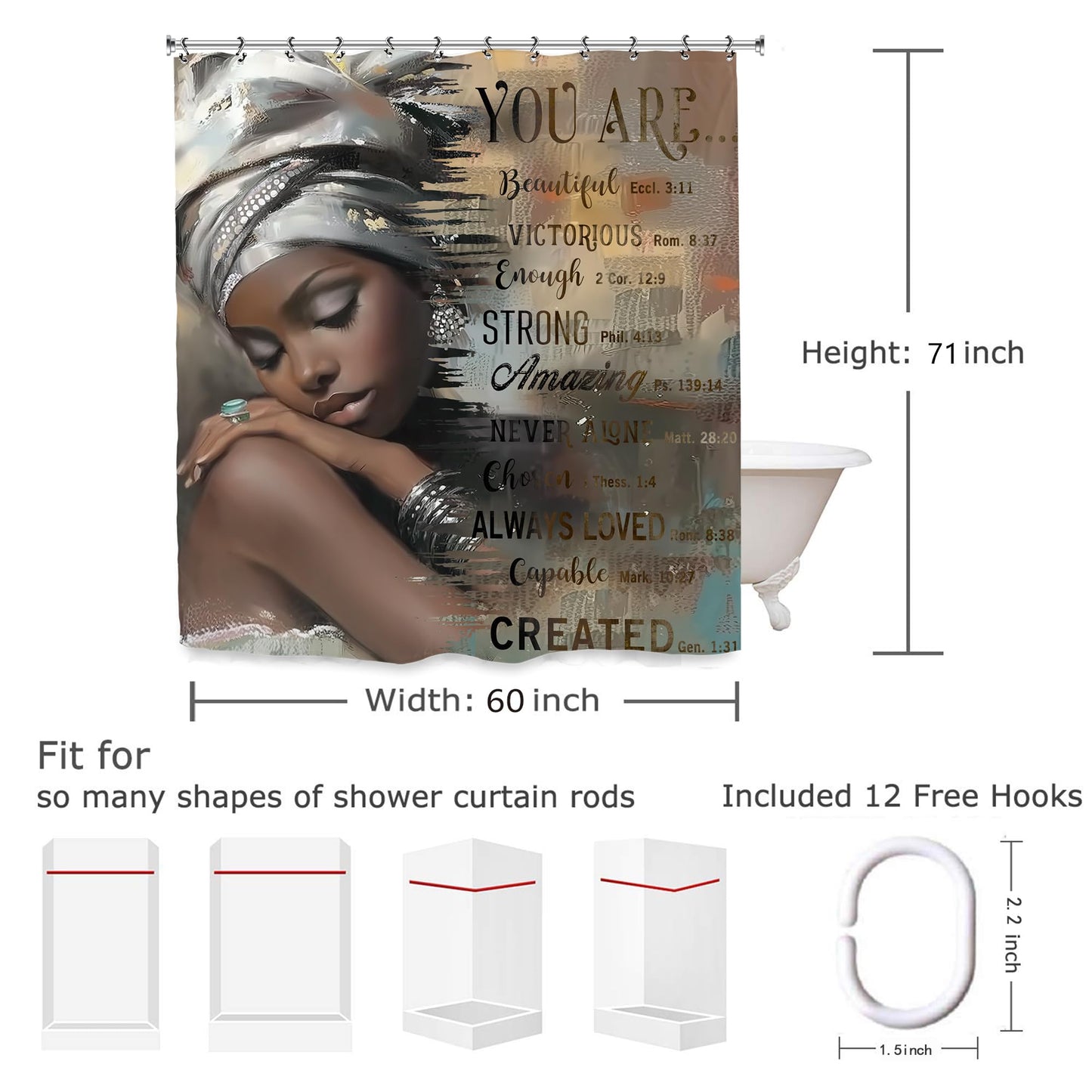 Yookeb African American Inspirational Bathroom Shower Curtain 60W by 71H Inch Black Girl Woman Lady Motivational Quotes Positive Bible Polyester Fabric 12 Plastic Hooks Waterproof Decor