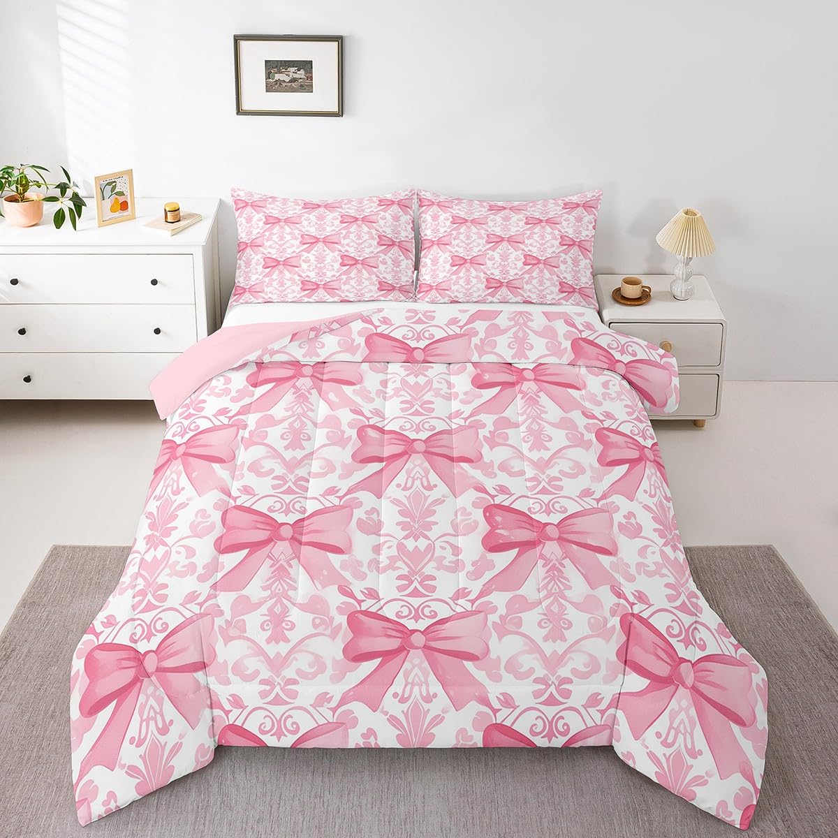 Manfei Pink Bowknot Kids Comforter Set Twin Size,Bow Princess Beauty Toddler Bedding Set,Girls Women Room Decor,Paisley Flowers Boho Exotic Down Comforter,Romantic Seductive Duvet Insert,1 Pillowcase