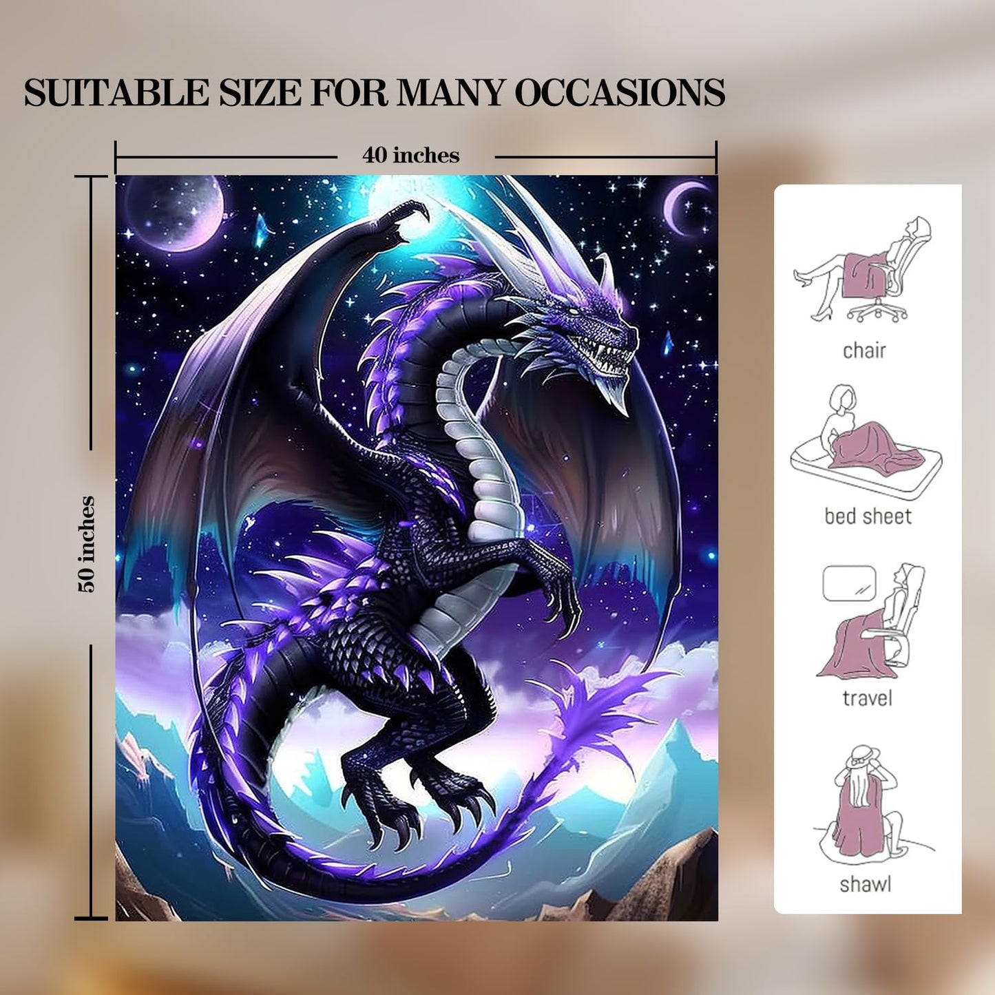 Dragon Blanket Purple Dragon Decor Cozy Animal Throw Super Soft Plush Flannel Fleece Blanket Gift for Kids Adults Men Women Ultra Warm & Lightweight Flannel, 50"X40"