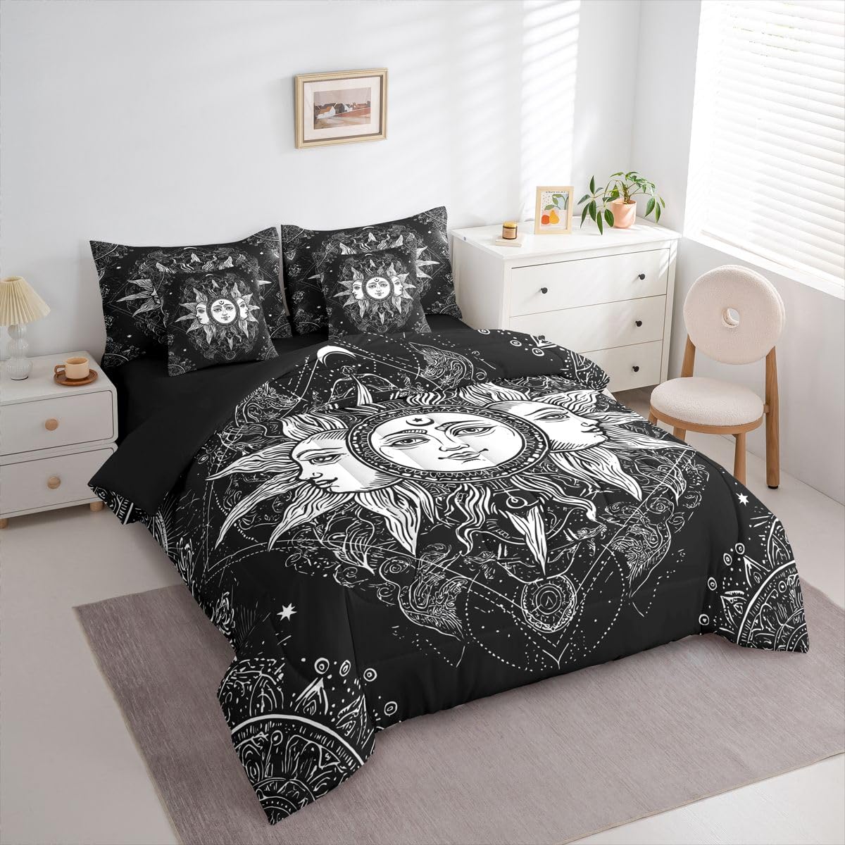 Erosebridal Bohemian Black and White Bed in a Bag Queen Comforter Set 7-Piece | Sun and Moon Bedding Sets Boho Floral Paisley Damask Comforter and Sheet Set, Tribe Exotic Mandala Room Decor