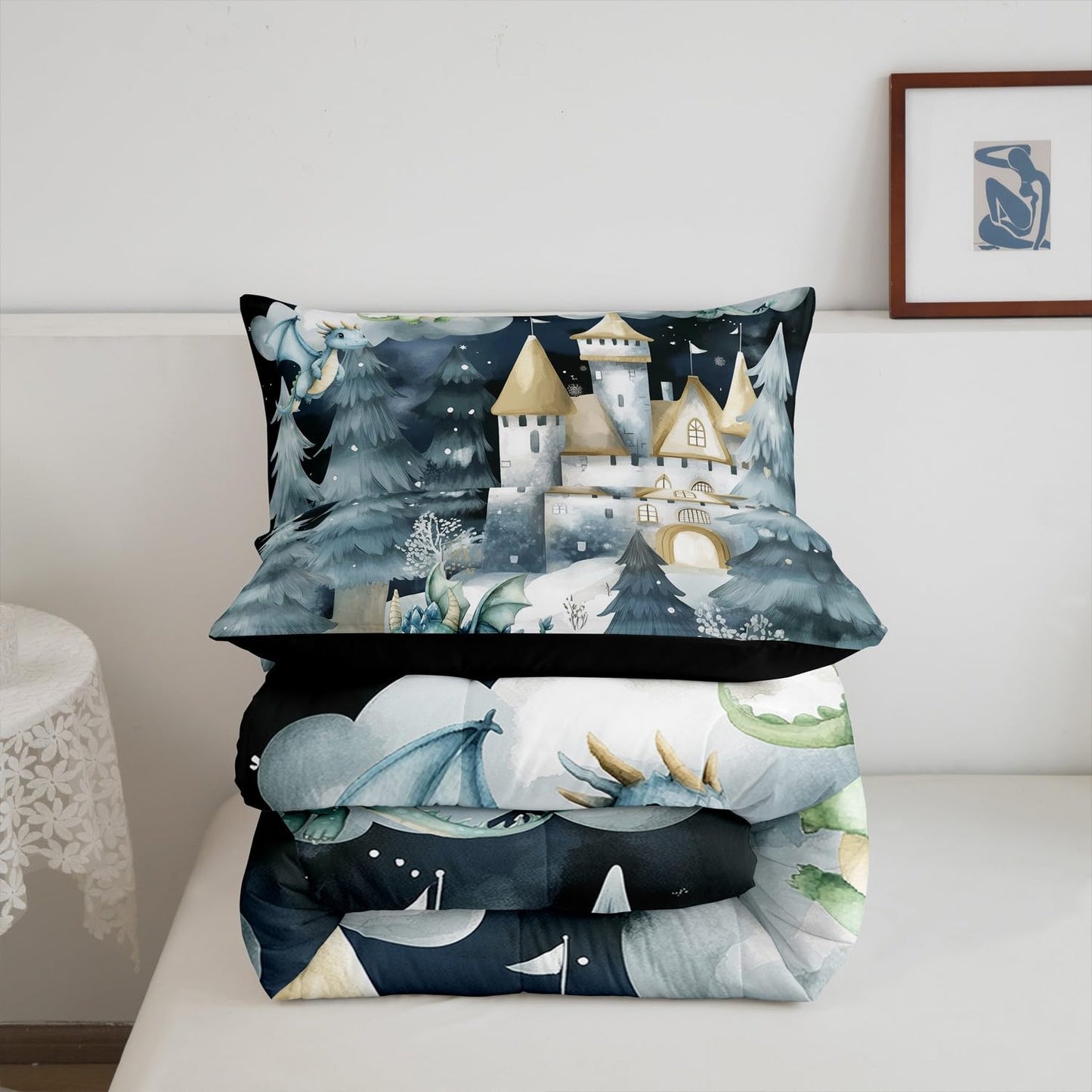 Kids Boys Dragon Toddler Bedding Set,Cartoon Castle Wildlife Comforter Set Bed Set Boys Men Bedroom Decor,Mystery Night Jungle Pine Trees 2 Pieces Quilt Set,Tie Dyed Duvet Insert,1 Pillow Case