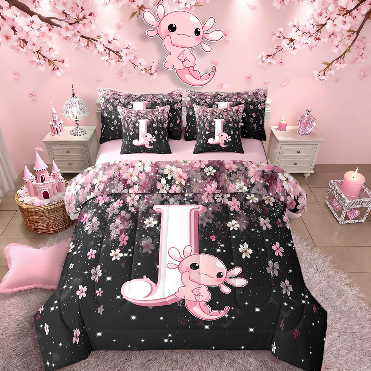 Erosebridal Twin Size Cute Axolotl Bed in A Bag 7 Pieces for Kids Girls Teens | Initial Letter J Comforter Set with Sheets Japanese Cherry Blossom Bedding Set with Flat Fitted Sheets (Pink and White)