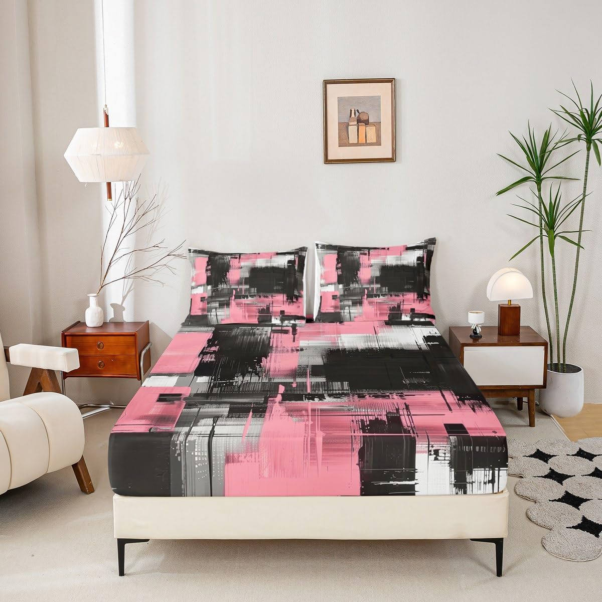 jejeloiu Abstract Fitted Sheet with 1 Pillowcase Twin Size Black Pink Bed Sheets Set 16" Deep Pocket Boys Girls Art Aesthetic Bedding Teens Bedroom Decor Breathable Soft
