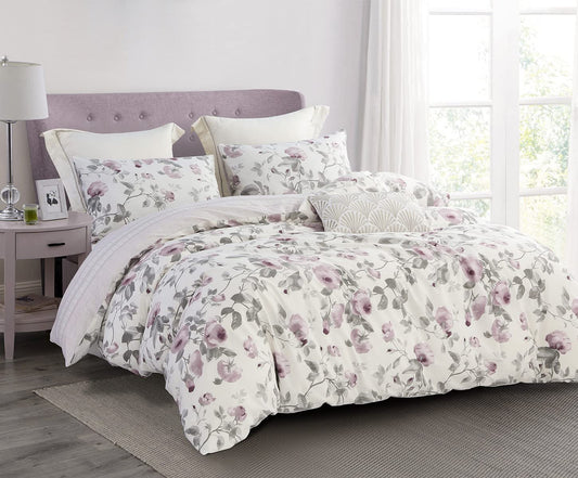 SLEEPBELLA Comforter Queen Size, 600 Thread Count Cotton White Print with Purple Flowers Reversible Comforter Sets, Down Alternative Bedding Set 3Pcs(Queen, Purple Floral)