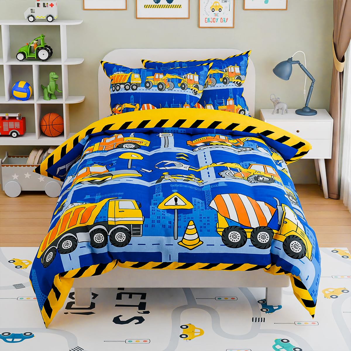 SANDJEST Construction Bedding Sets for Boys, Ultra Soft Microfiber Comforter Bed Set with 3-Pieces, Comforters Sets for Kids Children Boy Bedroom Decor
