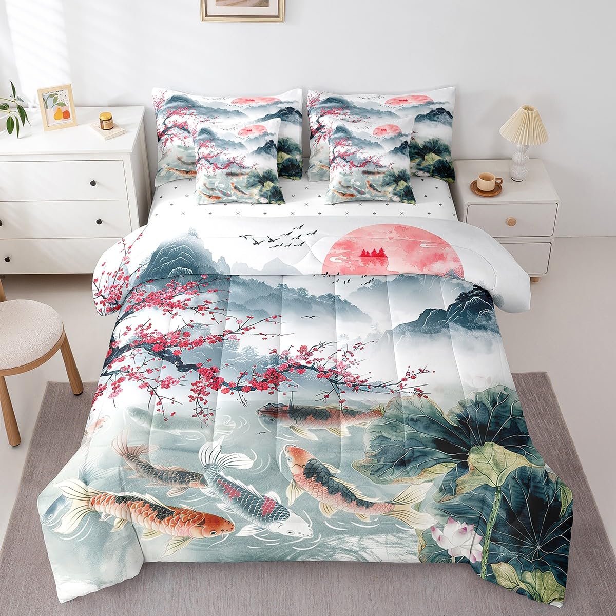 Erosebridal 7 Piece Cherry Blossoms Bed in a Bag Full for Girls Women Chinese Style Sheet Set Lotus Leaf Print Cushion Covers Landscape Painting Bedding with Comforter Koi Print Bed Set