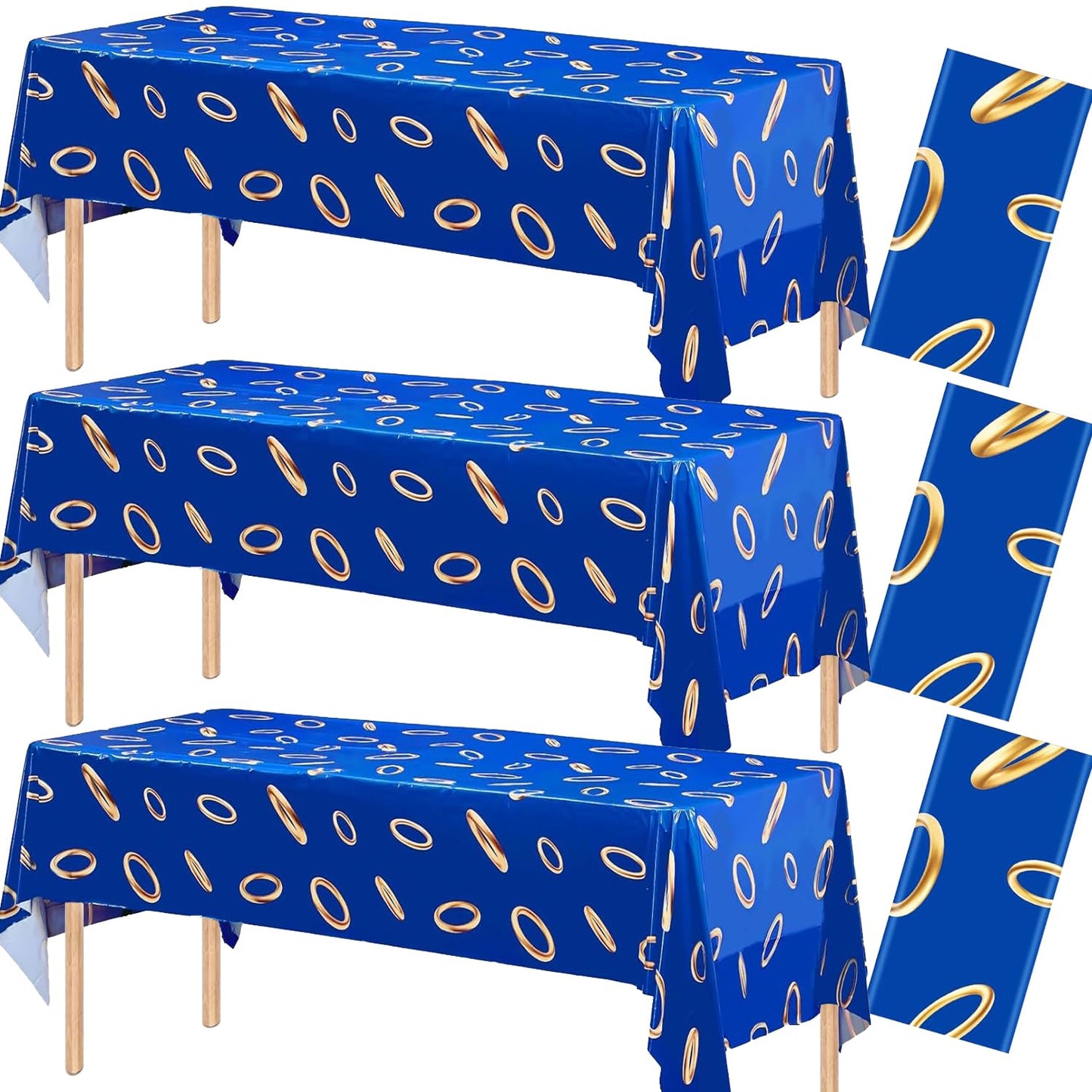 ANLLECR 3Pcs 108 x 54 Inches Blue with Gold Ring Print Tablecloth，Blue Disposable Rectangle Plastic Table Cover for Boys Girls Birthday Party Decoration