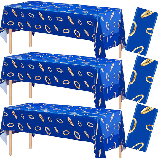 ANLLECR 3Pcs 108 x 54 Inches Blue with Gold Ring Print Tablecloth，Blue Disposable Rectangle Plastic Table Cover for Boys Girls Birthday Party Decoration