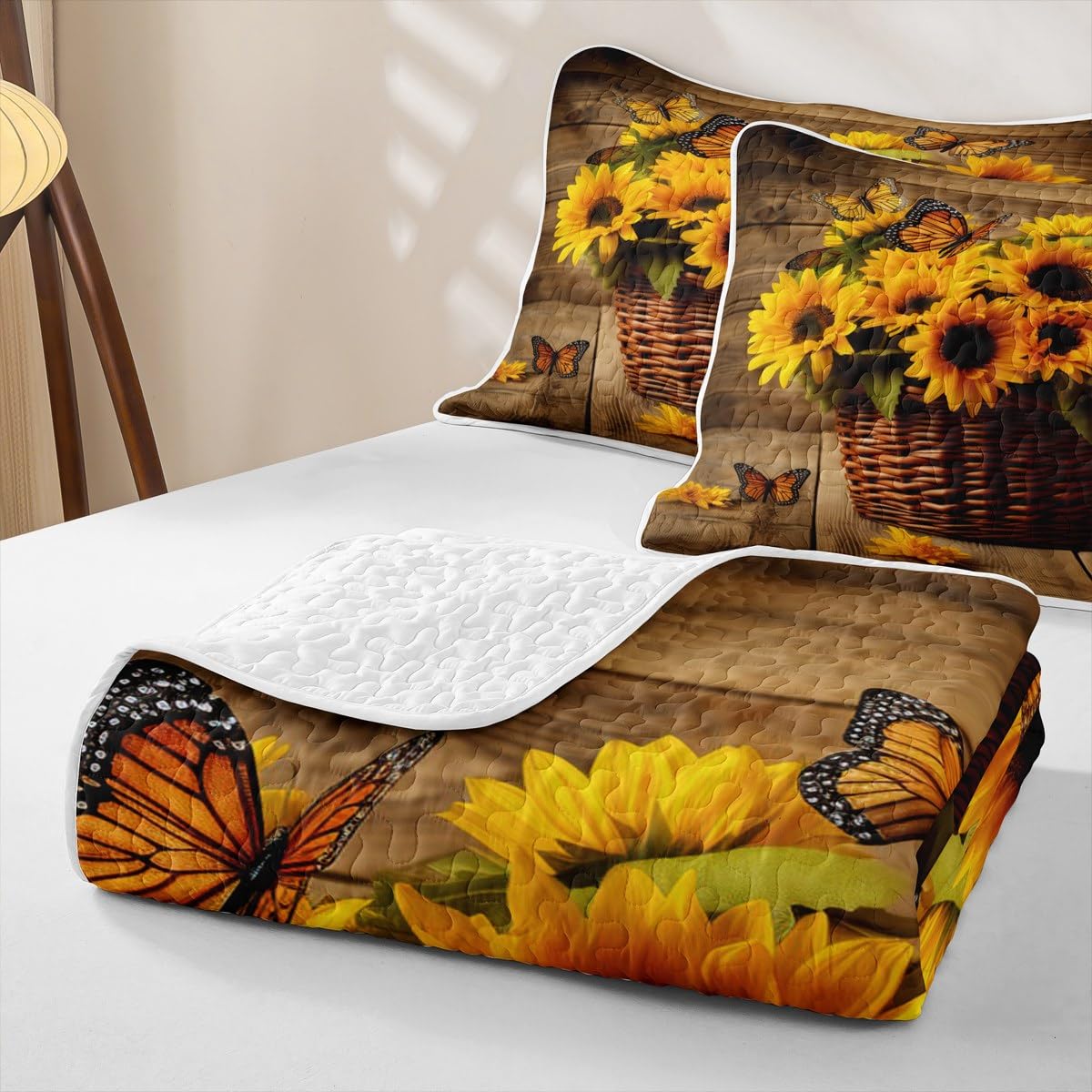 Erosebridal Girl Sunflower Quilt Set Twin Butterfly Bedding Coverlet Yellow Floral Bedspread with 1 Pillowcase All Season Romantic Garden Style Soft Bed Lightweight Comforter