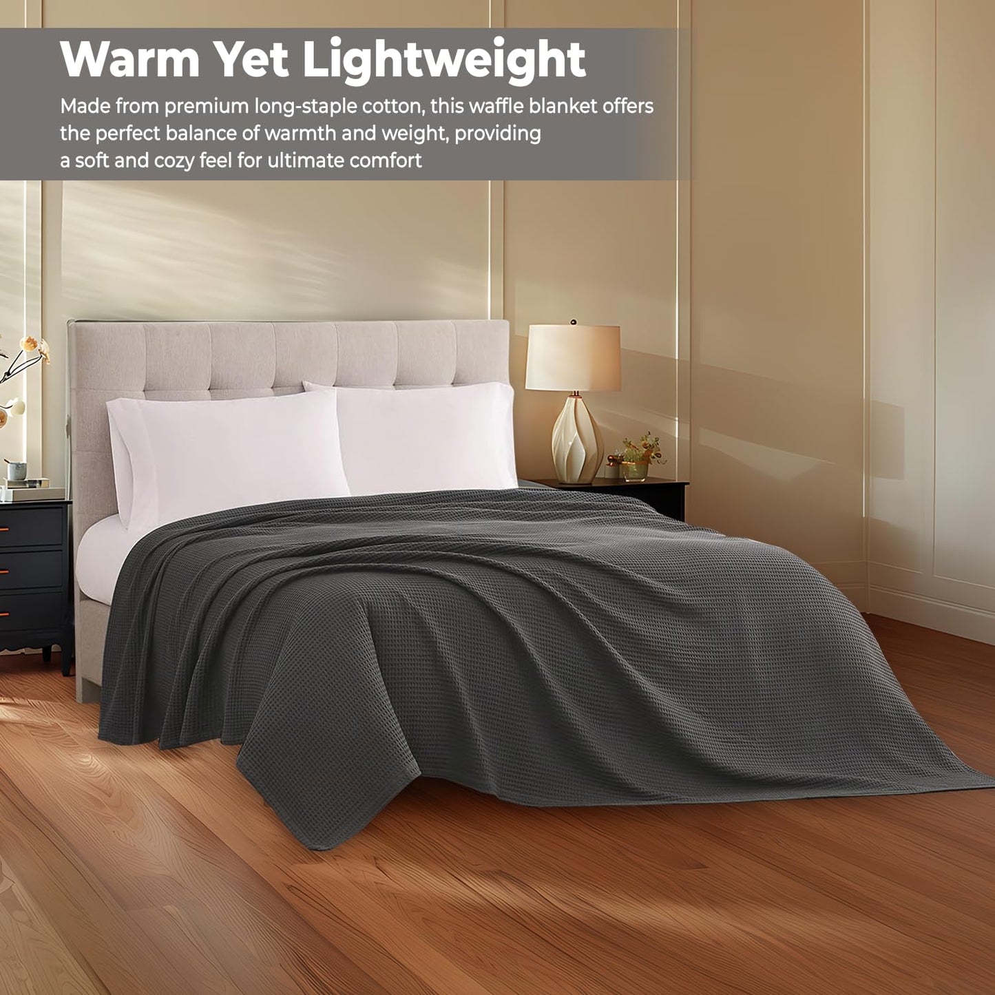 100% Cotton Blankets for Bed - Waffle Weave Blankets for Summer, Lightweight and Breathable Soft Woven Blanket for Spring (Dark Grey, Queen (90" x 90"))