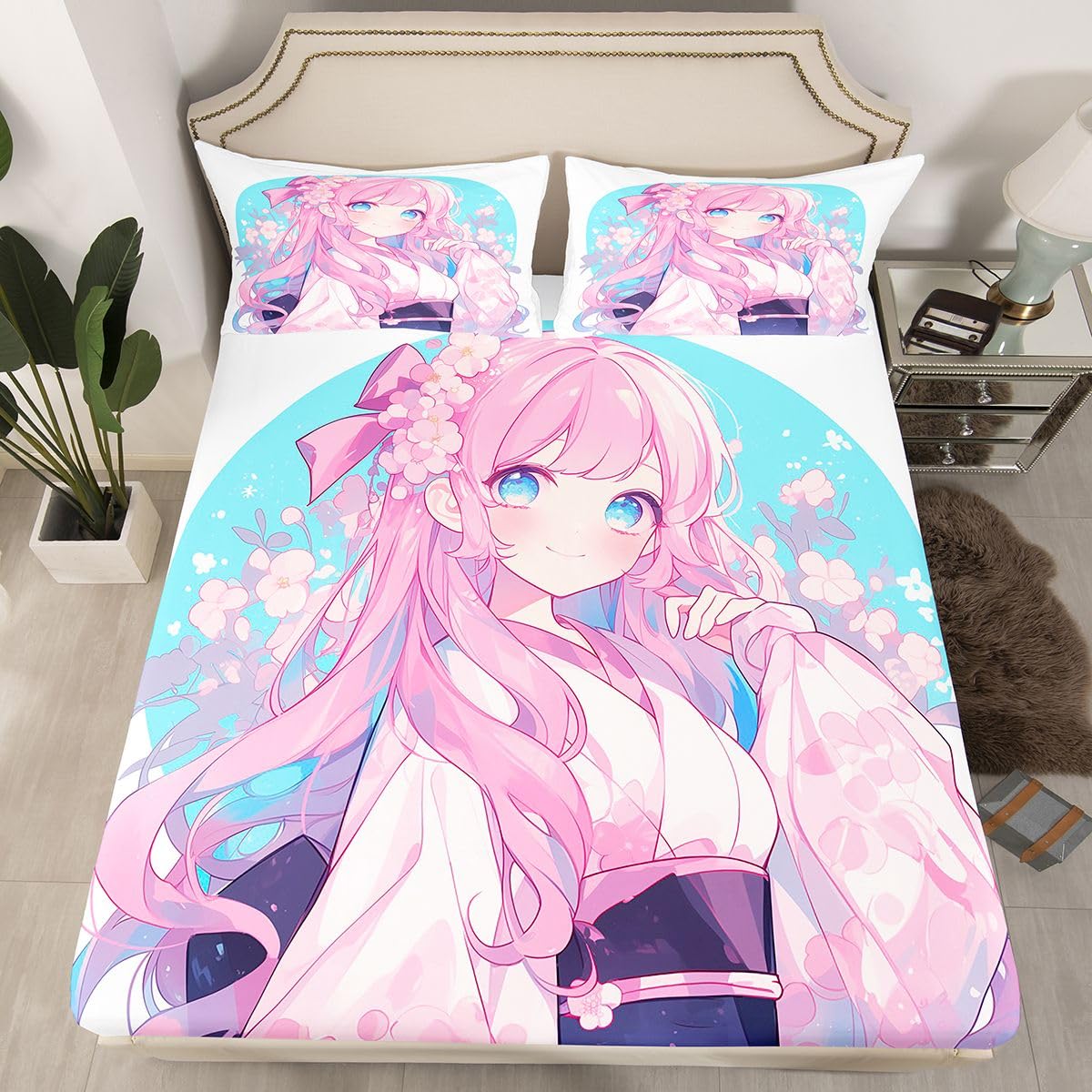 Erosebridal Girls Bed Sheets Set Japanese Style Sheet Set Twin, 3D Anime Girl Sheets Cartoon Kawaii Kimono Girl Top Fitted Sheet Romantic Gifts for Her (1 Top Sheet 1 Fitted Sheet 1 Pillow Case)