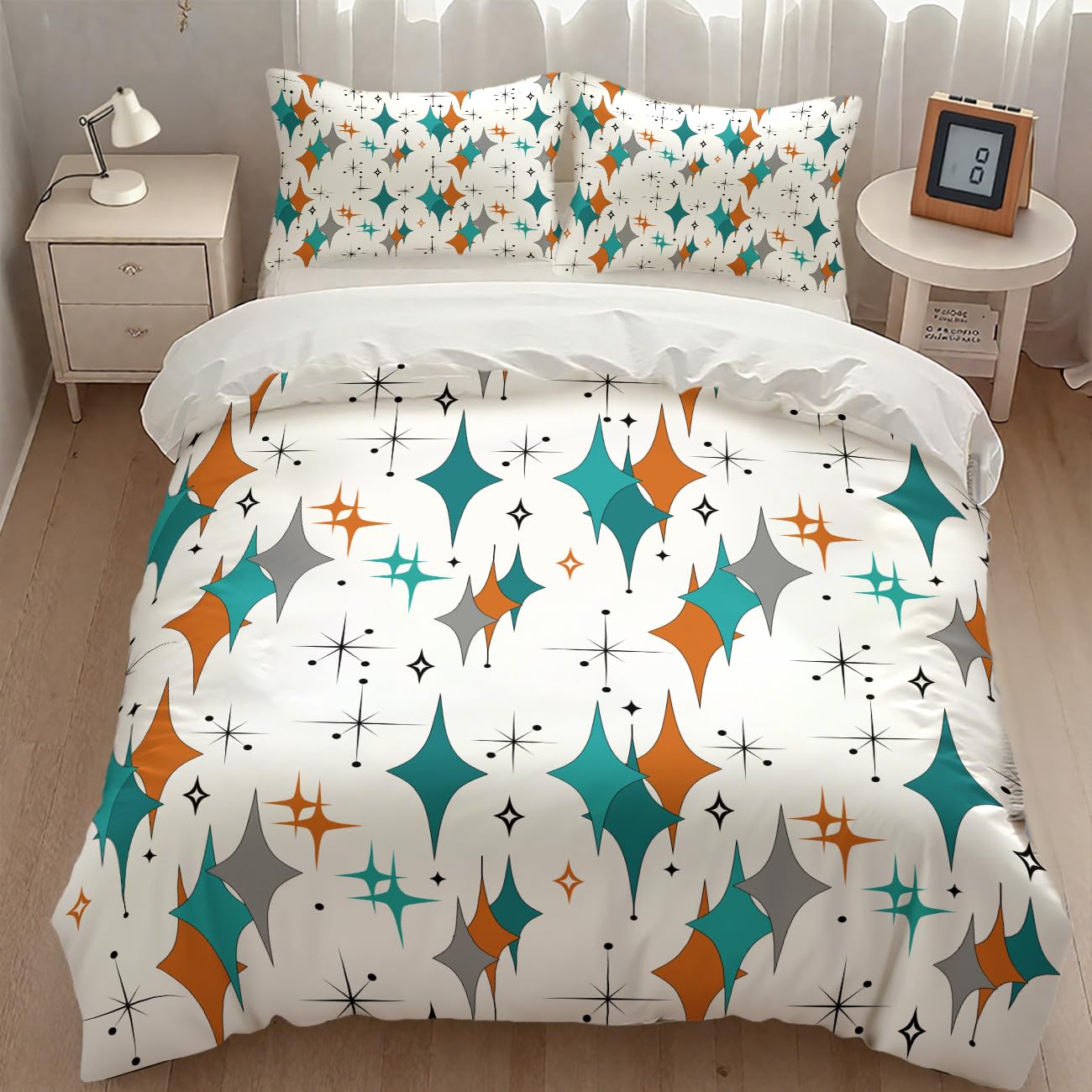 Lnepty Mid Century Bedding Set,Modern Orange Blue Abstract Atomic Geometric Pattern Retro 1950s 1960s Style Comforter Set with Pillowcase for Bedroom Bed Decor，Twin 86"x70"