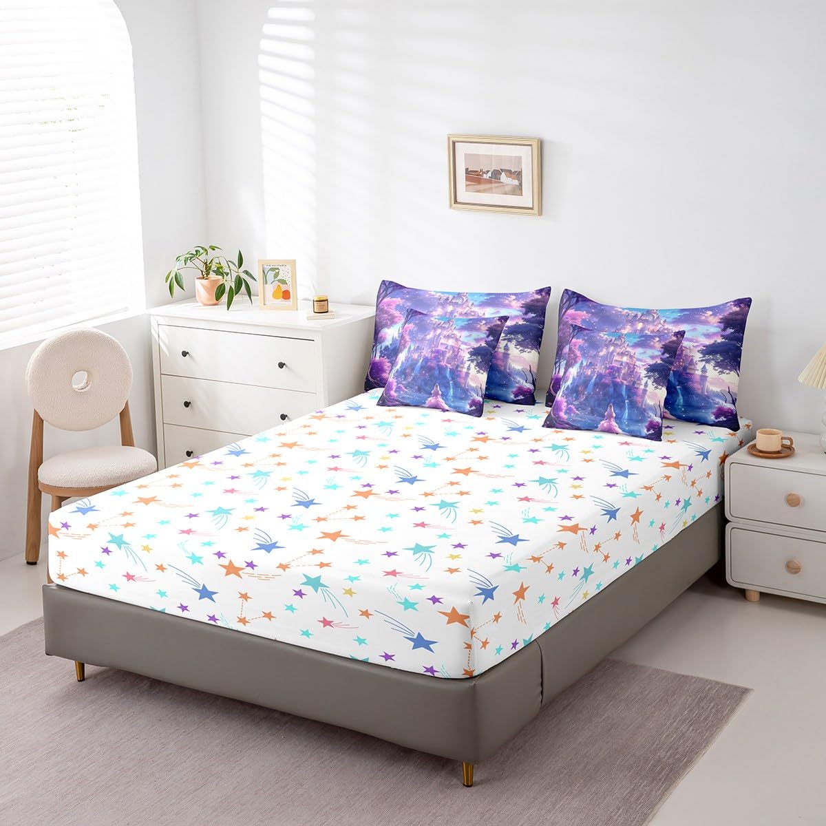 Erosebridal Sweet Princess Comforter Set King,Dreamy Fantasy Castle Bedding Set 7Pcs for Kids Girls,Mysterious Fairytale Bed in a Bag,Pink Ombre Cloud Quilt