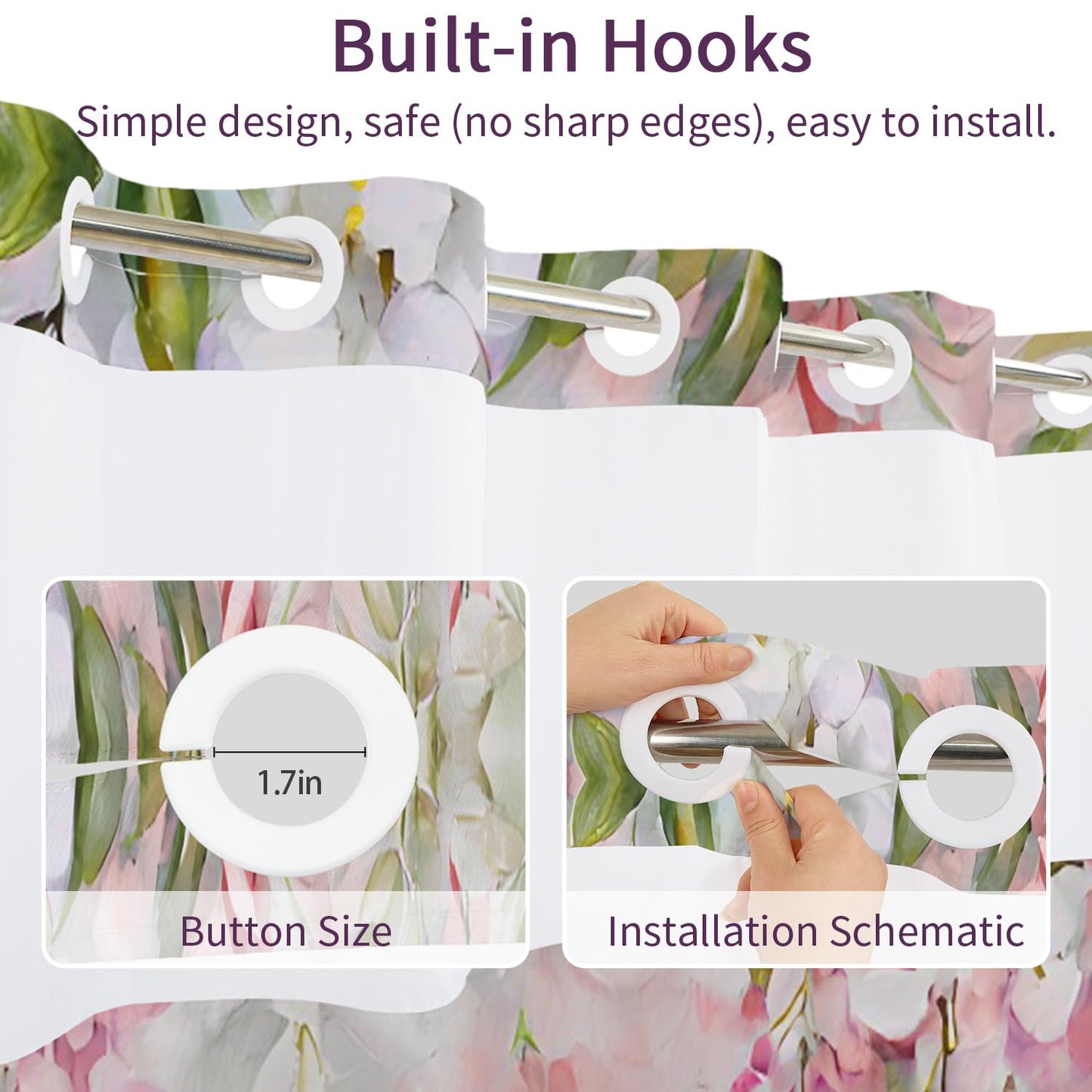 NAEMBCU Boho Floral No Hook Shower Curtain with Snap in Liner Set 71x74 in
