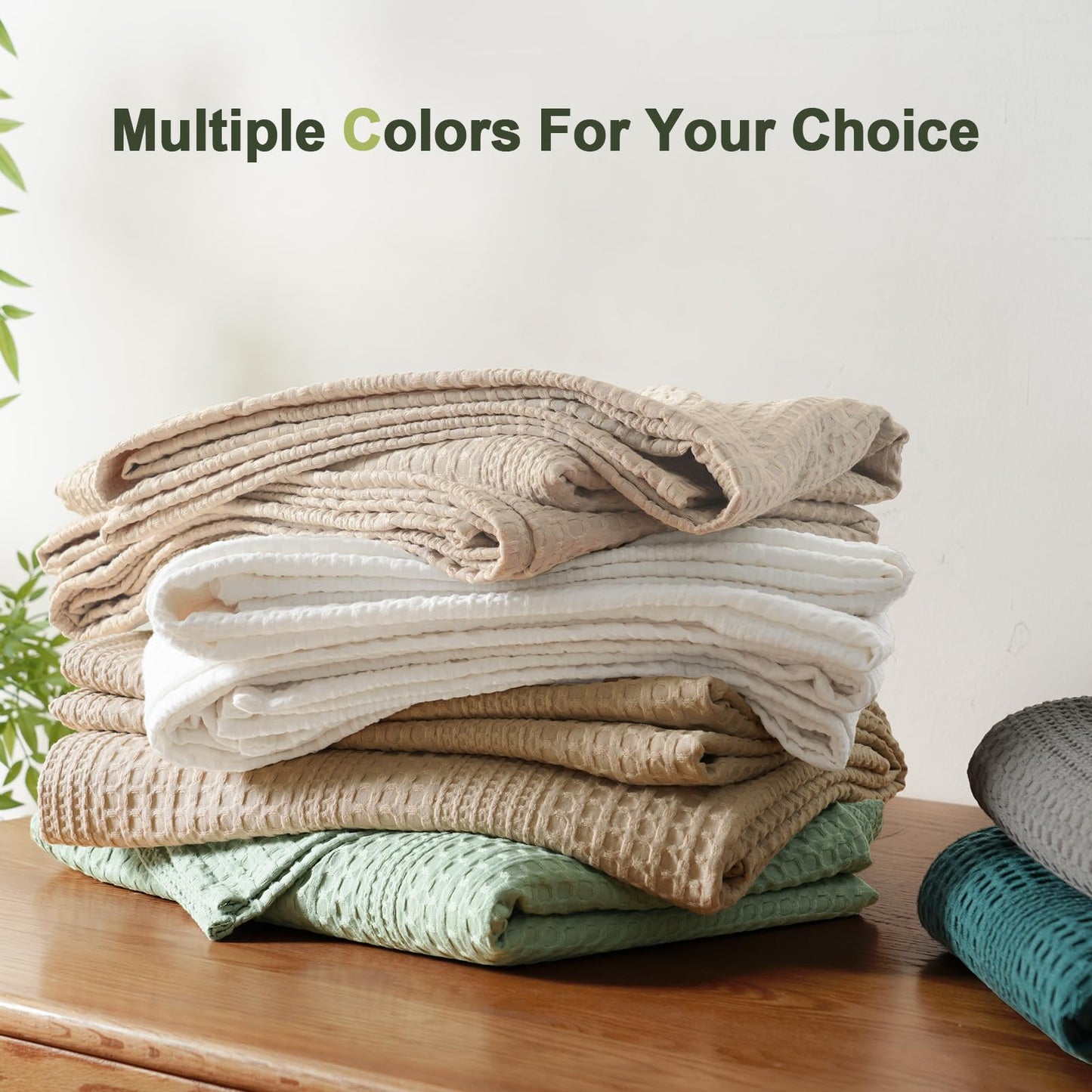 PHF Lightweight Waffle Weave Blanket Queen Size, Breathable & Ultra Soft, 90"x 90" Soft & Cozy Thin Blanket for Spring & Summer & Hot Sleepers, Bed, Home Decor - Light Tan