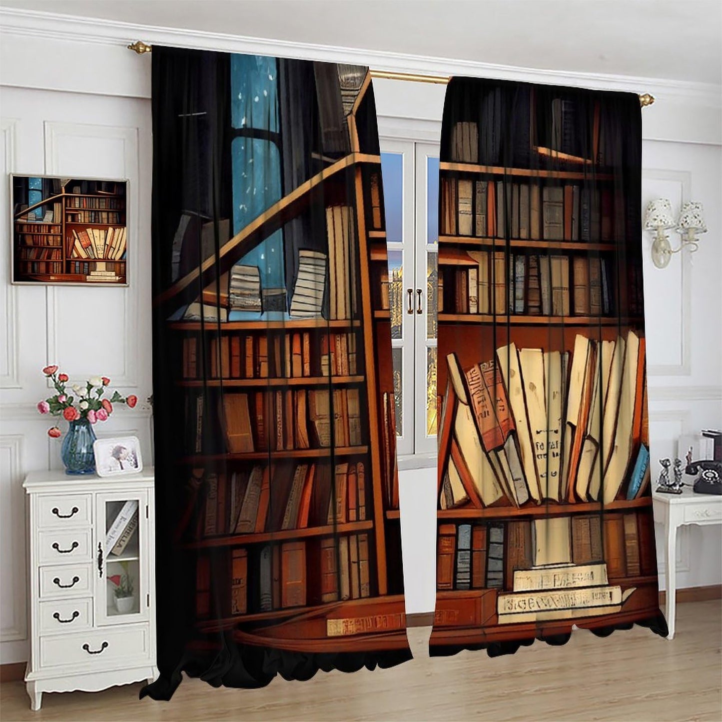 Nsbul Library Bookshelf Blakout Curtains Vintage Bookcase Retro Bookshelf Room Curtains Window Drapes for Bedroom Living Room, 42" W X 45" L (No Blackout)