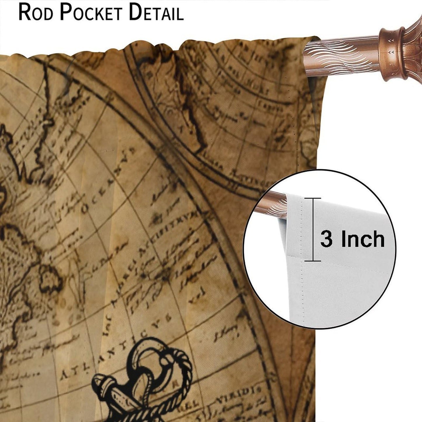 Nanacur World Map Curtains, Vintage Rustic Farmhouse Middle Ages Old Sea Map Nautical Ocean Theme Window Drapes for Bedroom Living Room 41" W X 45" L (No Blackout)
