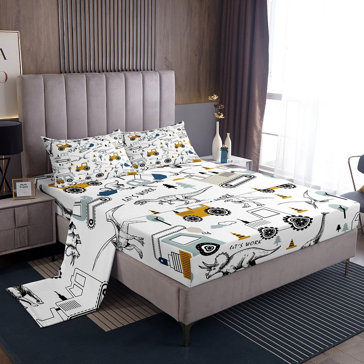 Construction Sheet Set Full Size Kids Cartoon Car Excavator Tractor Toddler Sheets with Deep Pocket Fitted Sheet Equipment Trucks Dinosaur Bed Sheets Set Construction Vehicles White Yellow Bedding Set
