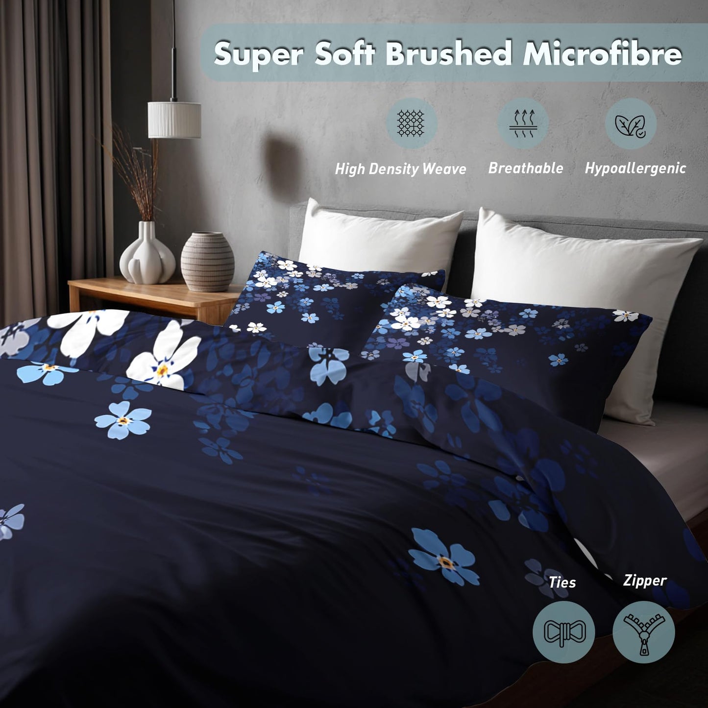 Navy Blue Floral King Size Duvet Cover Set 3 Piece, Botanical Flower Reversible Bedding with 2 Pillow Shams, Zipper & Ties, Ultra Soft Microfiber, Floral Bedroom Decorations 46A-I