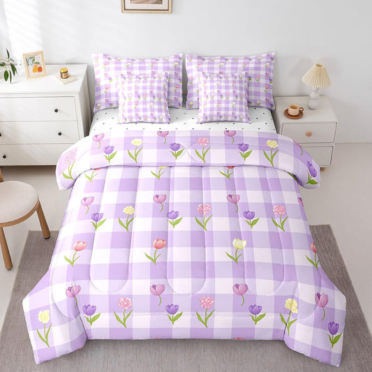Erosebridal Tulip King Comforter Set 7 Piece for Kids Boys Teen Women,Colorful Flowers Girls Bedding Set Purple White Geometric Grid Bed in A Bag Spring Floral Tulip Sheet Set with Comforter