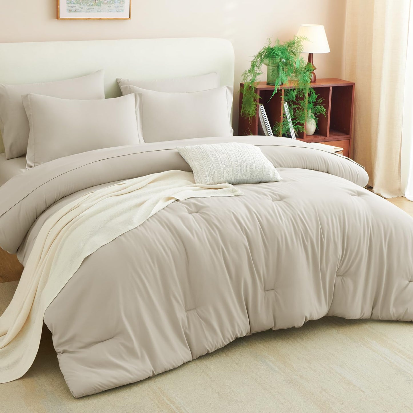 CozyLux King Size Comforter Set Beige, 7 Pieces Bed in a Bag King Comforter Set with Sheets, Luxury Soft Bedding Sets with Down Alternative Comforter, Fitted Sheet, Flat Sheet, Pillowcases & Shams