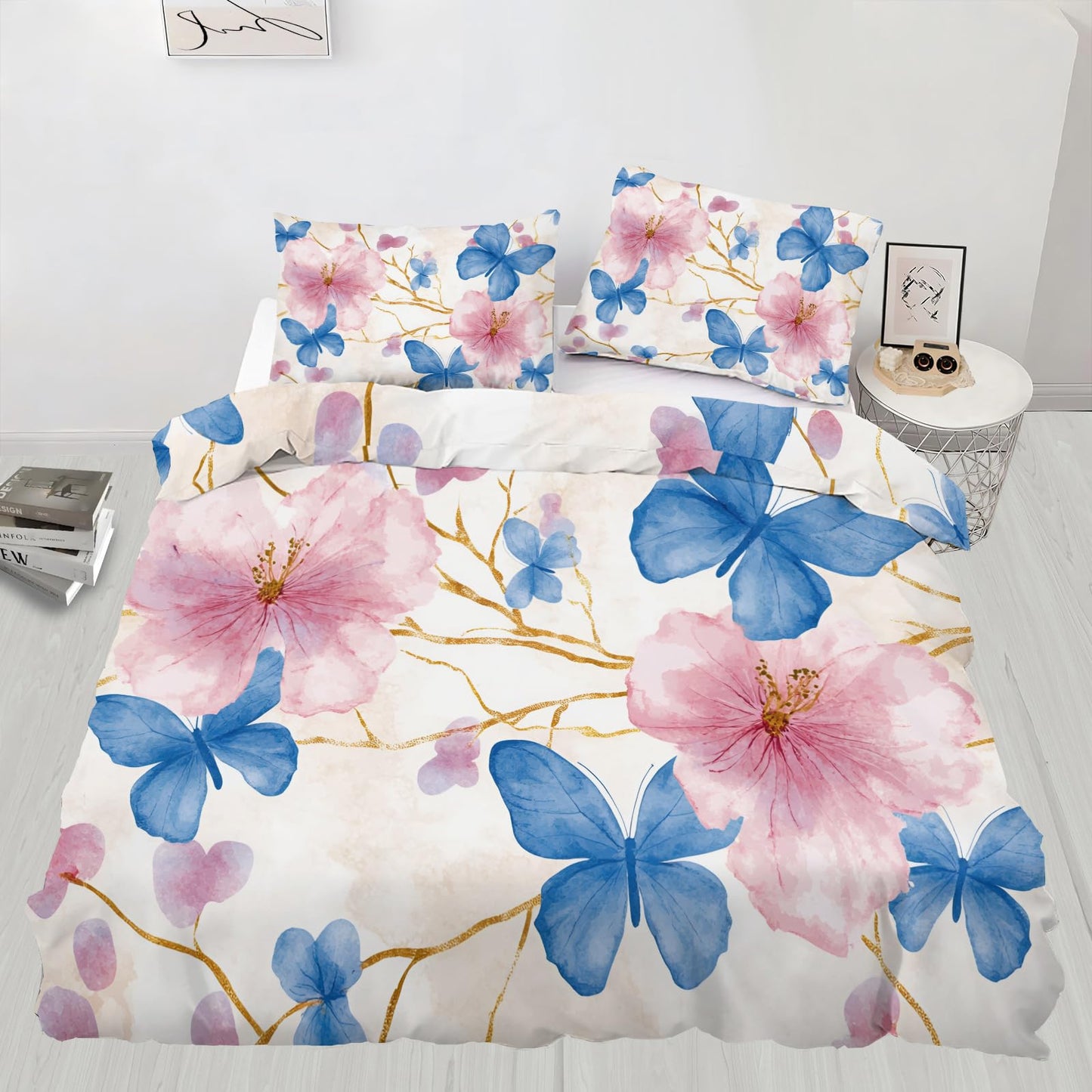 GKPLY Blue Butterfly Comforter Set, Watercolor Floral Duvet Cover King, Elegant Spring Bedding with 2 Pillowcases, Duvet Cover with Zipper, 3 Pieces, Reversible Cherry Branch Bedding Set