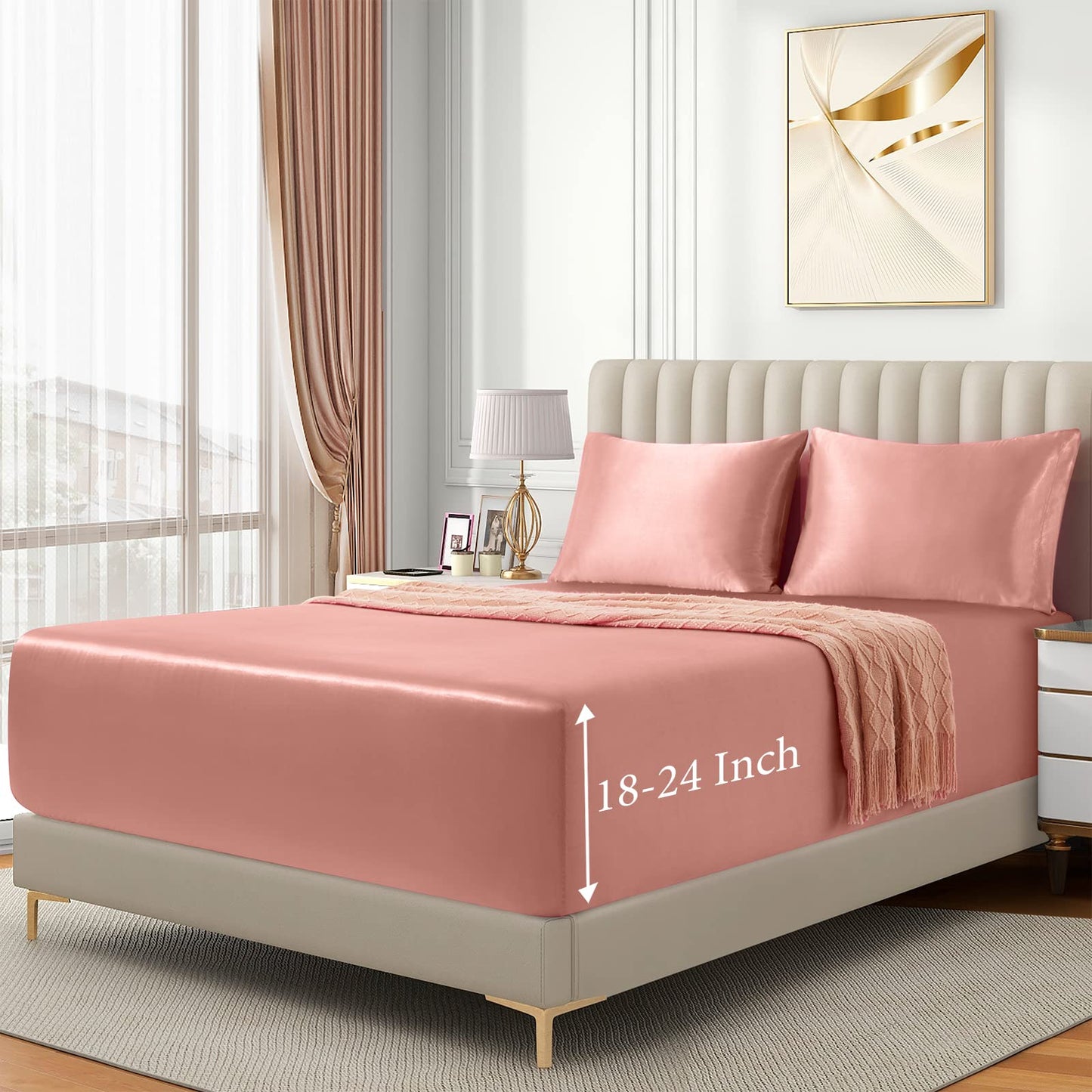 VACVELT 3pcs Extra Deep Pocket Satin Fitted Sheet Set King Bed Set, Rose Gold Bottom Sheet Fit 18-24 Inch Deep Pocket Mattress, Silky Bedding Set Soft & Ultra Deep Fitted Sheet & 2 Pillowcase