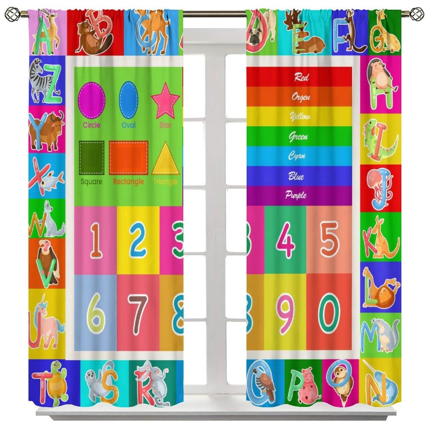 AAVEUP ABC Alphabet Curtains, Cartoon Toddler Colourful Animals Numbers Colours Classroom Learning Windows Treatments Drapes for Kids Boys Girls Living Room Bedroom 42x45in（No Blackout）