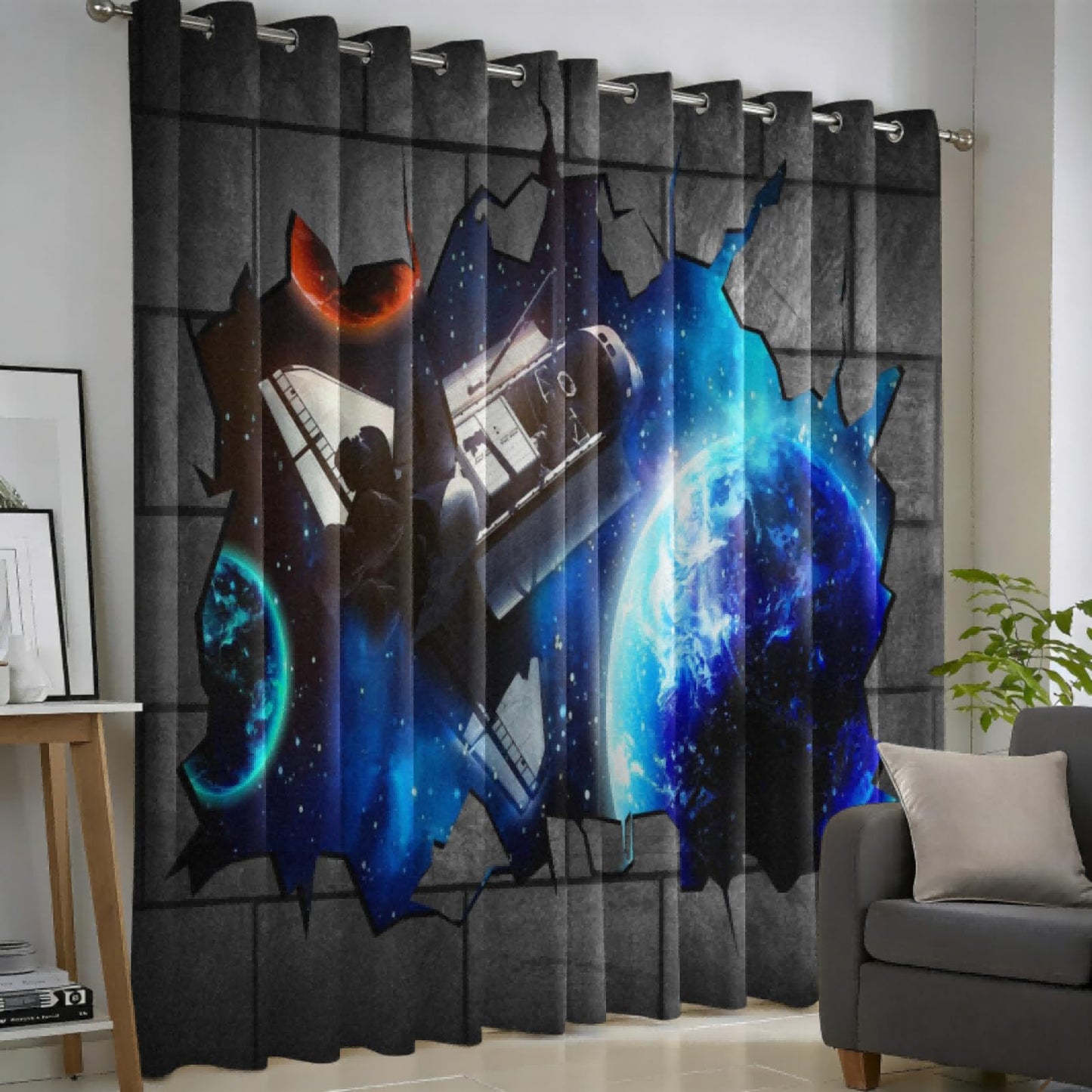 MBVZGUK 3D Space Grommet Curtains 54 Inch Long 2 Panels, Galaxy Space Shuttle Earth Planet Broken Wall Window Drapes, Thermal Insulated Room Darkening Curtains for Kids Nursery Playroom
