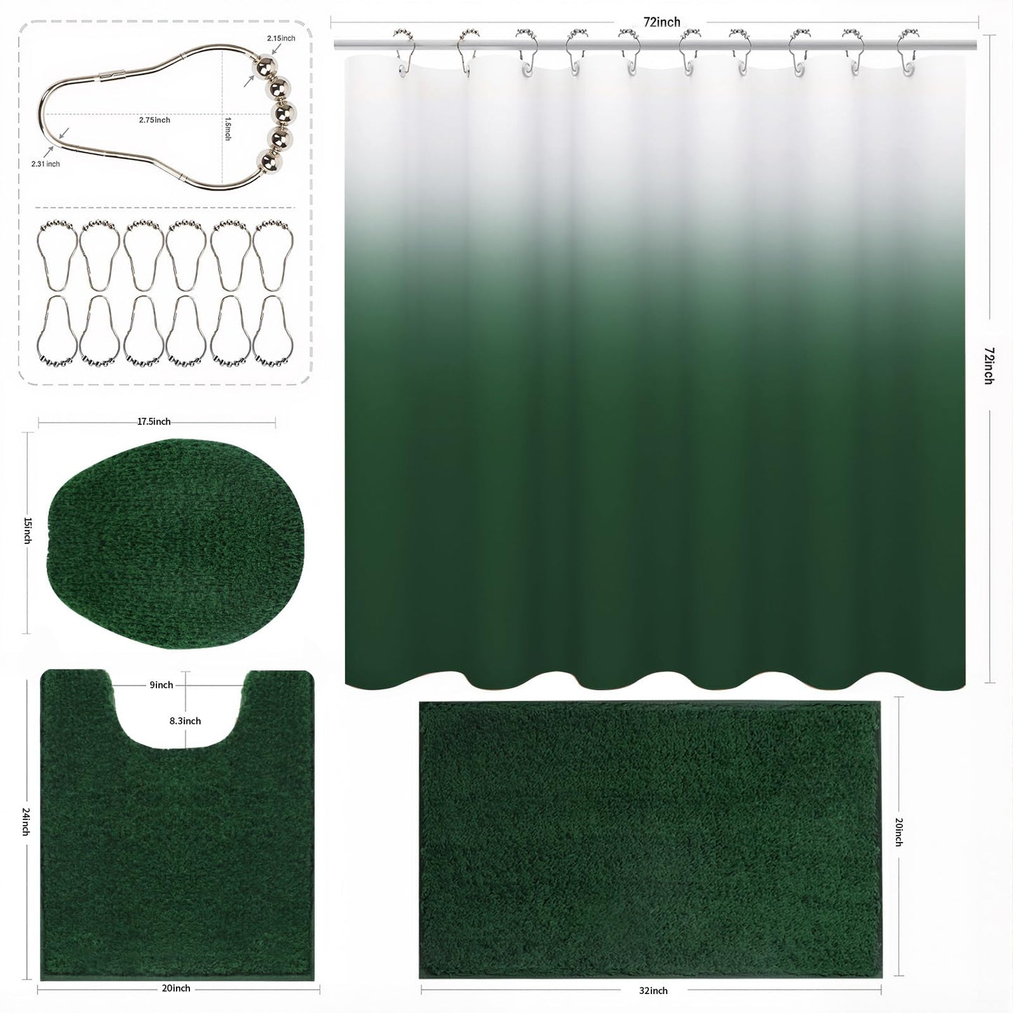 Baahrnom 4 Pcs Gark Green Shower Curtain Sets with Rugs Solid Bathroom Sets with Shower Curtain and Rugs and Adjustable Toilet Lid Cover for Luxury Bathroom Decor