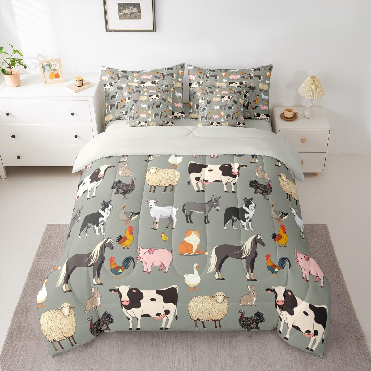 Erosebridal Farm Animals Comforter Sets with Sheets, Cartoon Animal 7 Piece Bedding Set for Kids Boys Girls Cute Farmhouse Animal Bed in A Bag Funny Horse Sheep Cow Bed Set Queen, Grey