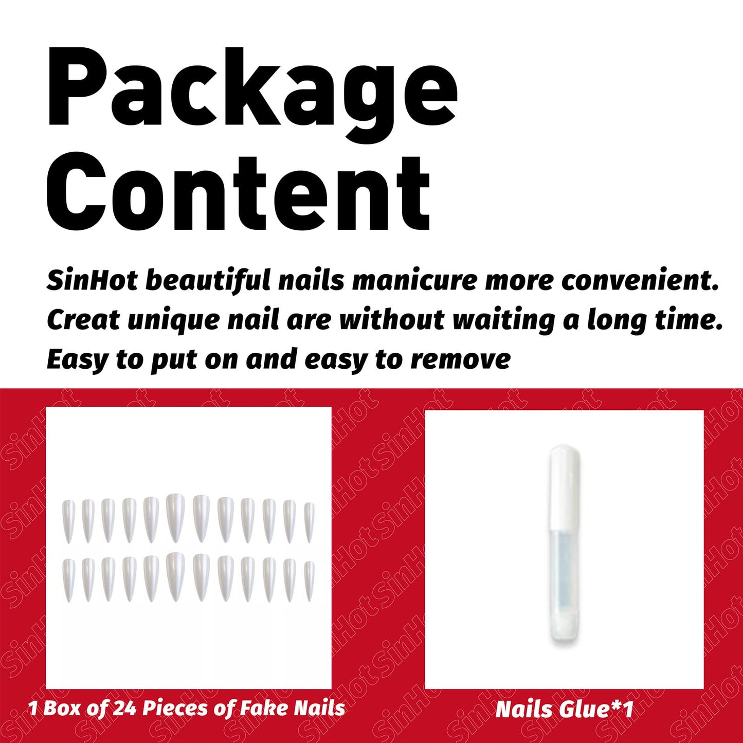 SINHOT Stiletto Press on Nails - Long Fake Nails, Glossy Finish, Pearlescent & White Natural, DIY Artificial False Nail Art - 24 Pcs Nail Kit with Glue
