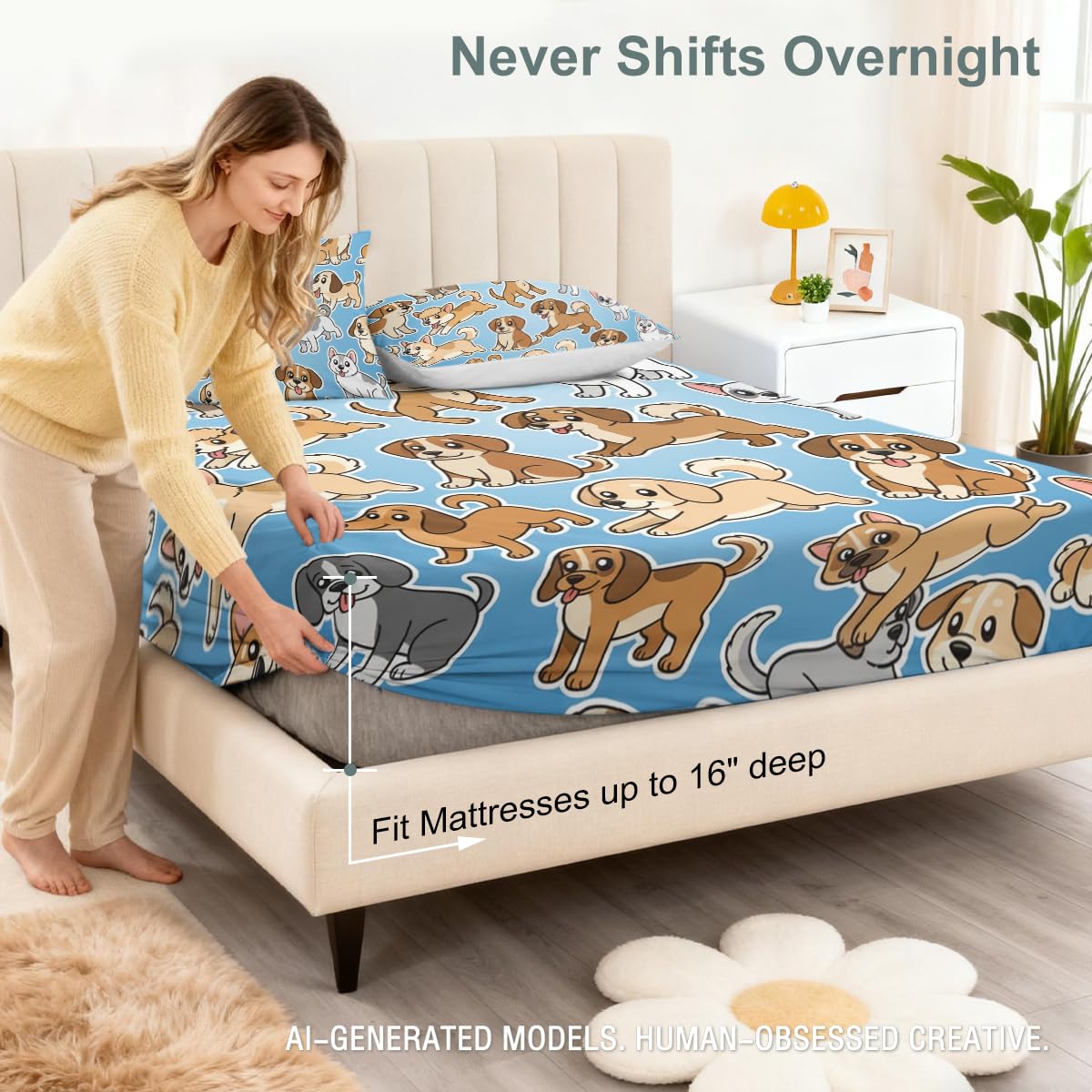 ARIGHTEX Dog Fitted Sheet Set Twin Size, 3 Pieces Cute Cartoon Puppy Bedding for Kids & Teens, Soft Microfiber Deep Pocket Sheet Set, Playful Blue Animal Bed Sheets