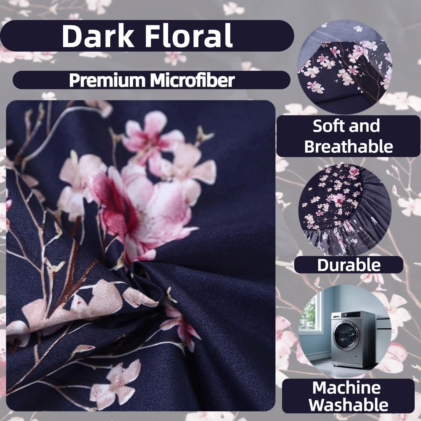 SDIII Navy Blue Floral Fitted Sheet Queen with 2 Pillowcase, Deep Pocket Soft Microfiber Dark Floral Sheet Queen Size All Season