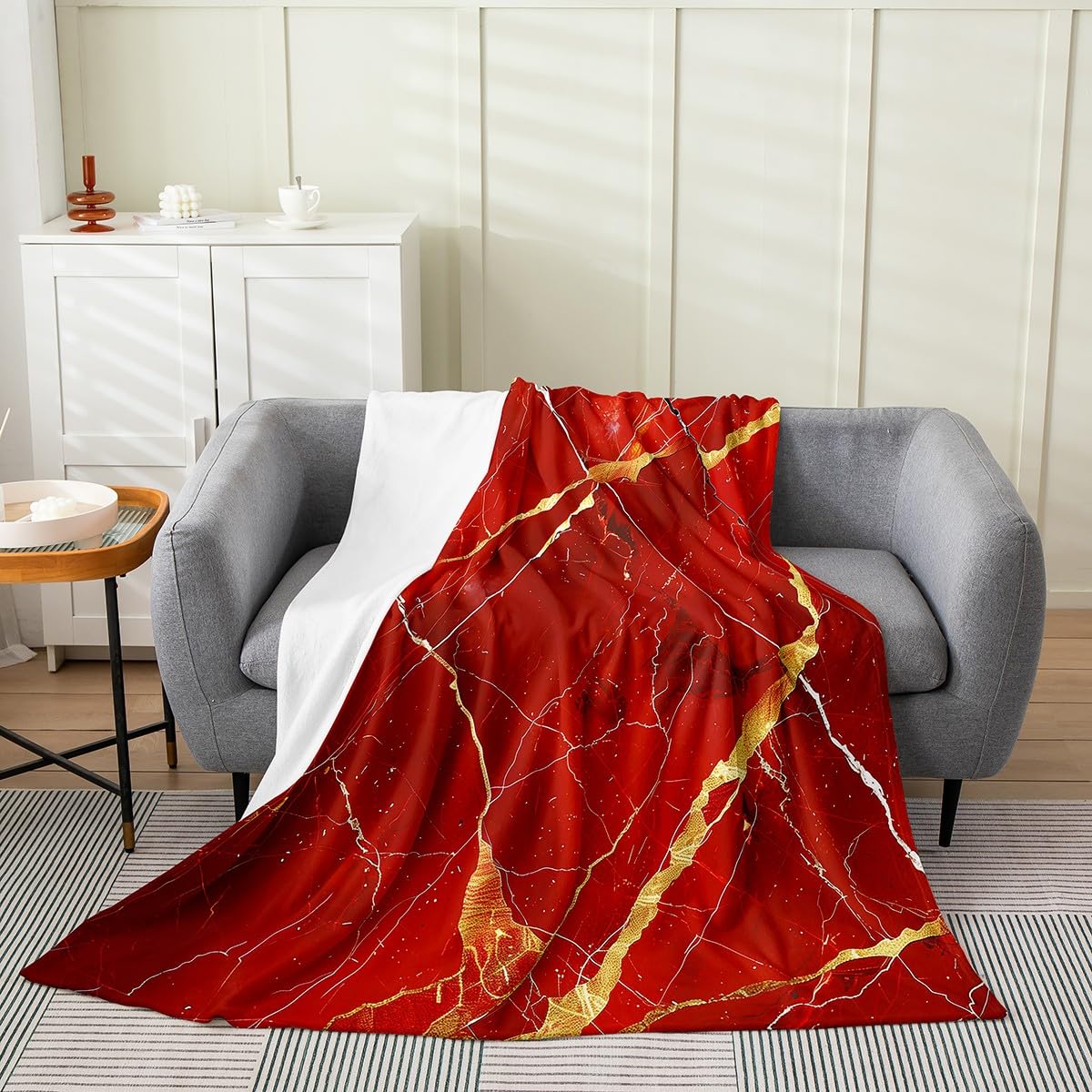 Erosebridal Marble Cracking Fuzzy Plush Throw Twin 60x80 Inch Marbling Print Flannel Blanket for Kids Teens Adults Pastel Fluid Red Gold All Season Fleece Blanket