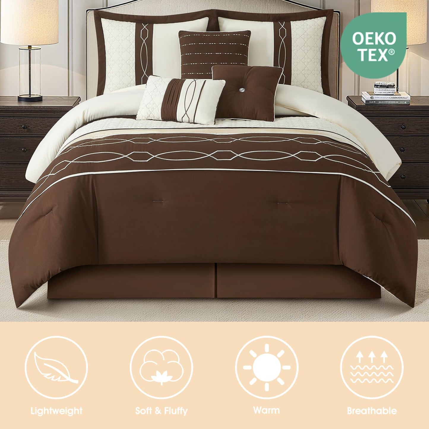 LANCO MODERN LIFESTYLE 7 Piece Comforter Set, Queen, Brown Geometric Clip Design, 100% Polyester, Luxury All Seasons Bed Set Includes Comforter, Bed Skirt, Pillow Shams, and Decorative Pillows