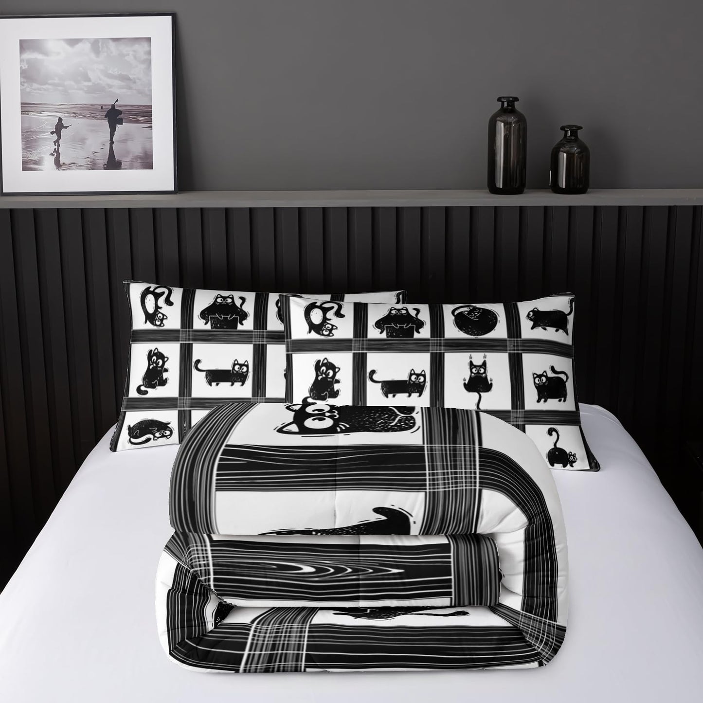 Nttopship Kids Cartoon Cat Comforter Bedding Set Twin,Black Cat and Grid Bedding Set 3 Piece for Teens Kids Boys Girls Adults Room Decor Animals Print Comforter 2 Pillow Cases