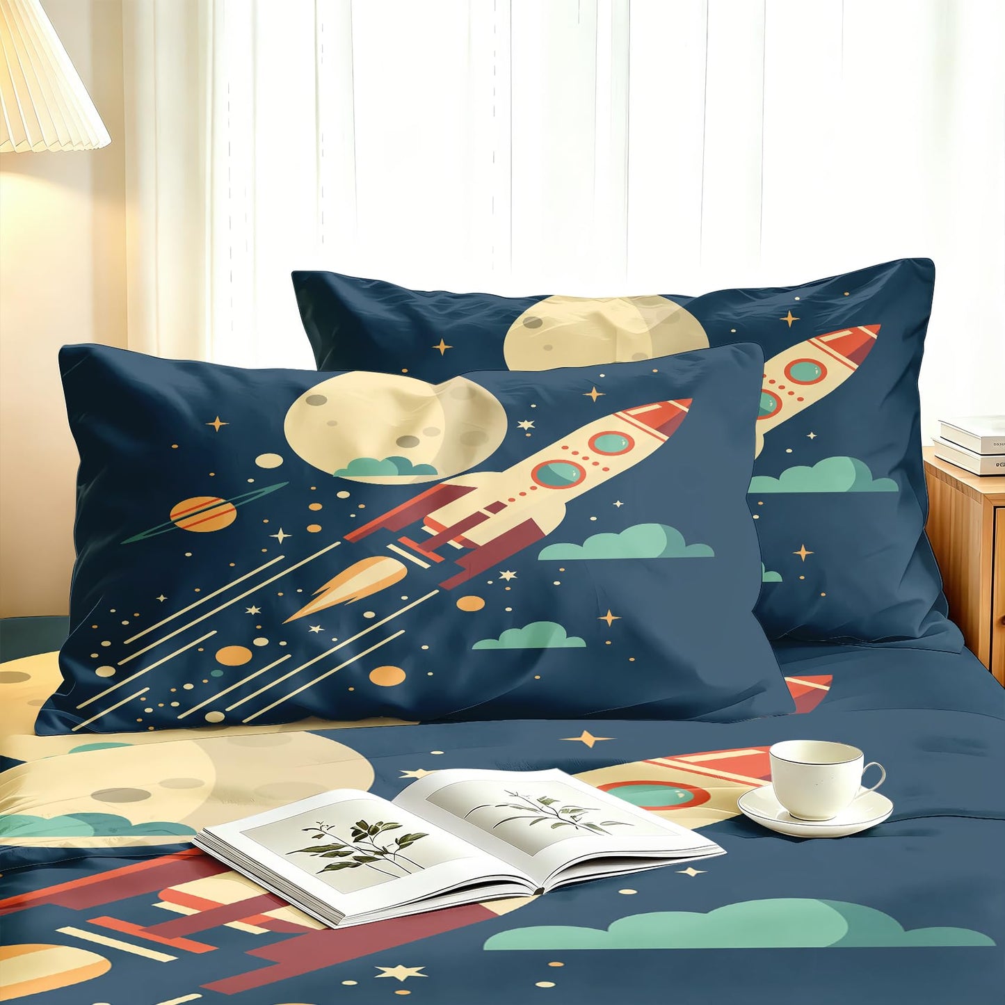 Rocket Ship Bedding Set 4 Pcs Kids Space Queen Sheets