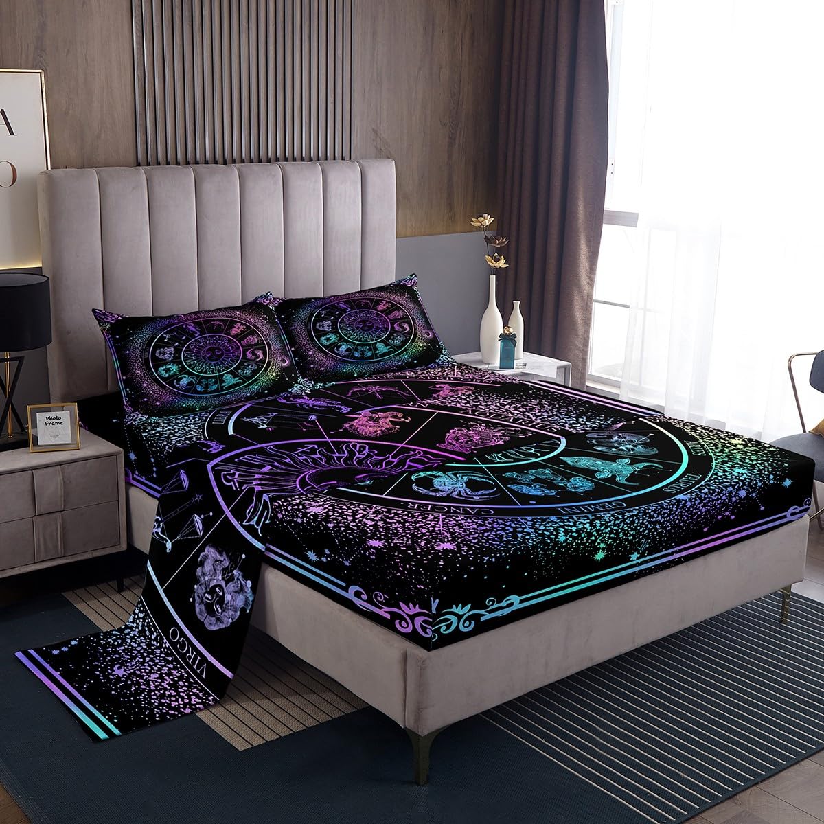 Sun Moon Bed Sheets Zodiac Astrology Bedding Set King Constellations Galaxy Sheet Set Spiritual Gifts for Girls Teens Women,Trippy Leo Aquarius Fitted Sheet Purple Blue Flat Sheet + 2 Pillow Cases